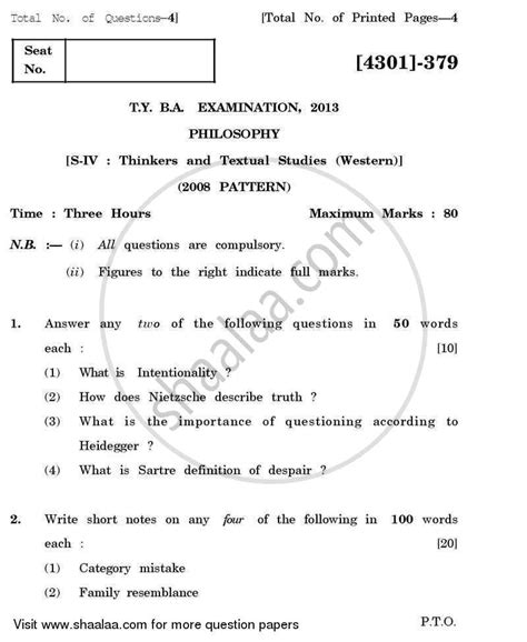 Philosophy Special Paper 4- Thinkers and Textual Studies (Western) 2012 ...