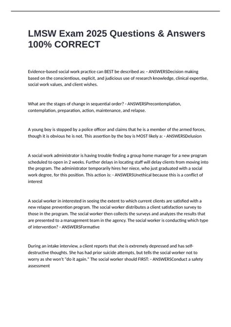 LMSW Exam 2025 Questions & Answers 100% CORRECT - LMSW - Stuvia US