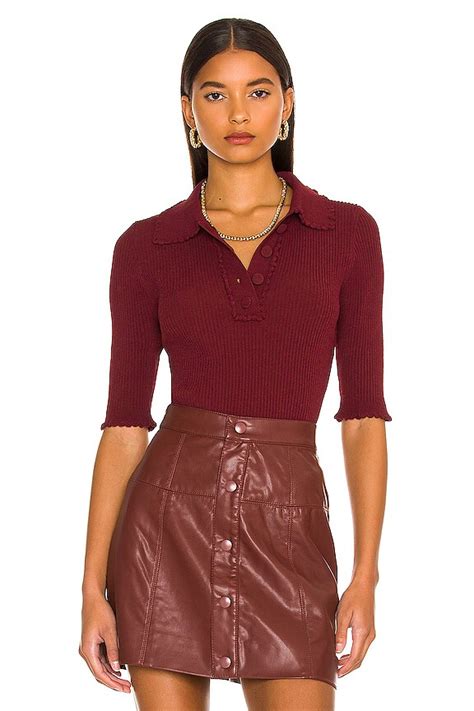 Autumn Cashmere Ribbed Polo with Scallop Detail in Merlot | REVOLVE