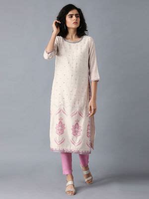 Buy WISHFUL by W Ecru Round Neck Printed Kurta Online