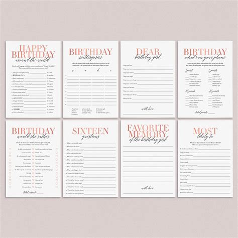 Sweet 16 Party Games Bundle Rose Gold Printable - Worksheets Library