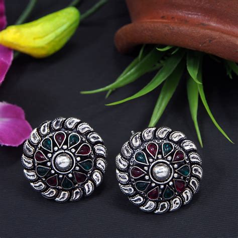 Silver Plated Circle Shaped Multi Coloured Stud Earring – Tarohi Jewels ...
