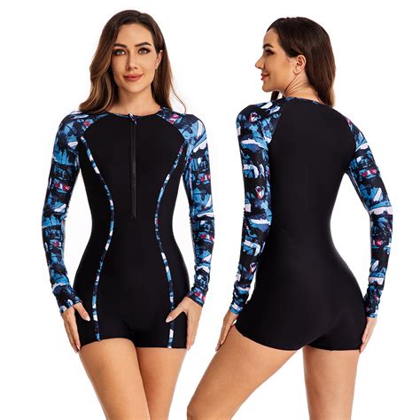 Women 1-Piece Long Sleeve Bathing Suits UV Protection Rash Guard ...