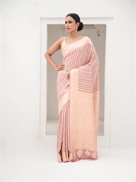 Pastel Pink Pure Crush Tissue Silk Handloom Banarasi Saree - Sacred ...