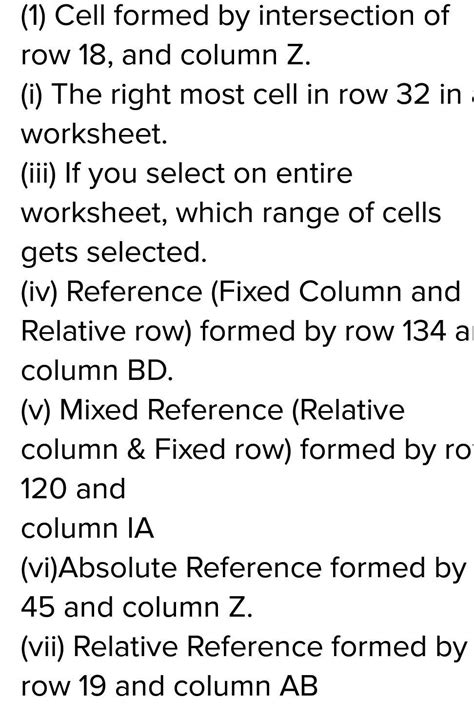 Write cell references for the following:(1) Cell formed by intersection ...