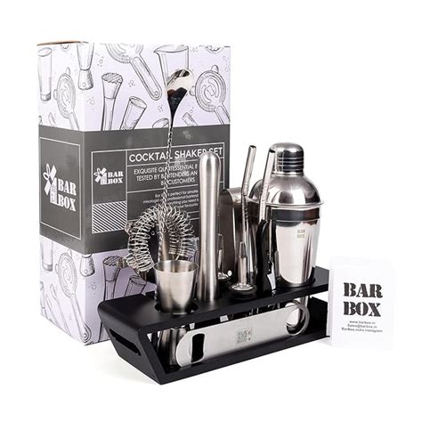 Buy Bar Box with Black Wood Stand - 14-Piece Home Bartending Kit and ...