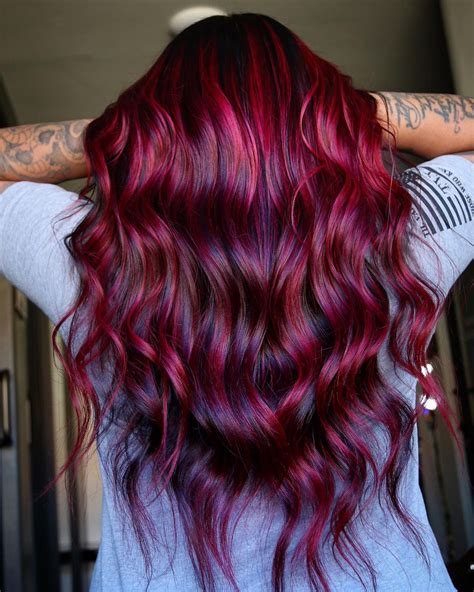 Chery Red Balayage with Purple Lowlights | Dark red hair color, Dark ...