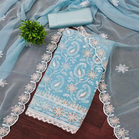 Sky Blue Georgette Dress Material Highlighted With Paisley & Floral Th