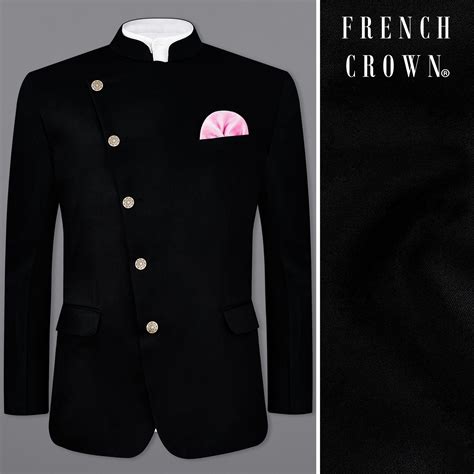 Jade Black Plain-Solid Single-Breasted Premium Terry-Rayon Bandhgala ...