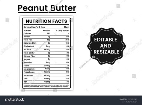 Peanut Butter Nutrition Factsnutritional Value Peanut Stock Vector ...
