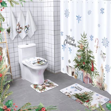 Amazon.com: Newwiee 7 Pcs Christmas Bathroom Set Xmas Shower Curtain ...