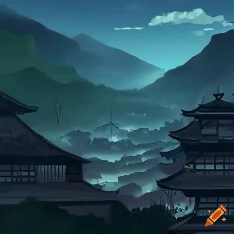 Feudal japanese town nestled between mountains with mist flowing into ...