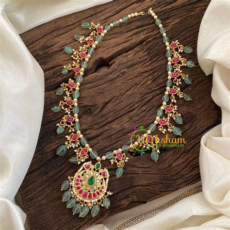 Pastel Green Bead Jadau Kundan Pendant Mala -J1120 – vrikshamindia