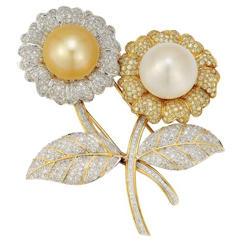 Pearl and Pave Diamond Double Flower Brooch For Sale at 1stDibs