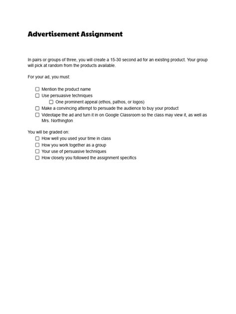 Image result for Example of Written Advertisement Assignment