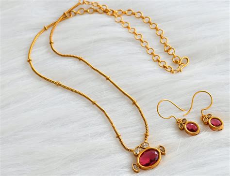 Matte finish magenta pink-white oval stone necklace set dj-44065 ...