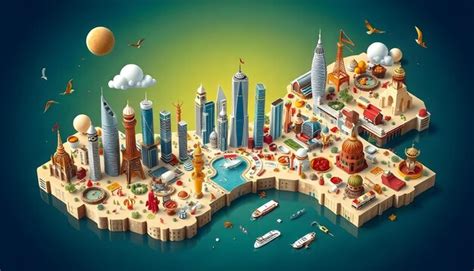 A cartoon of a city with a ship and a city in the background | Premium ...