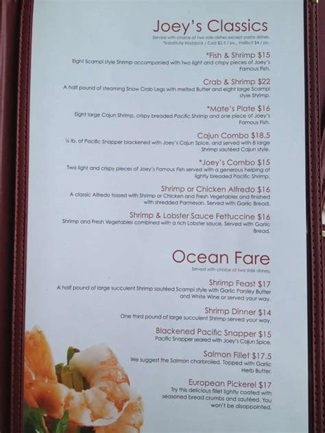 Menu at Joey's Fish Shack restaurant, Regina