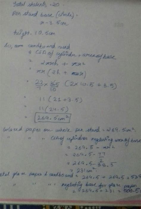 In a SUPW cass, 20 students made pen stands of cardboard. The base of ...