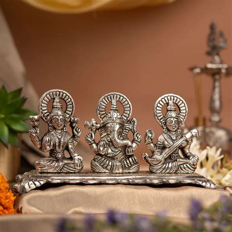 Sacred German Silver Ganesh, Saraswati & Lakshmi Murti Set | The Zappy Box