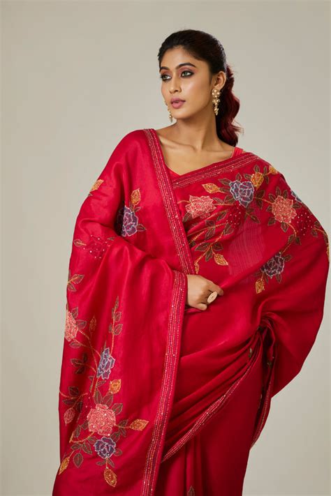 Red Kantha Work Saree – Aparnaa Sarees