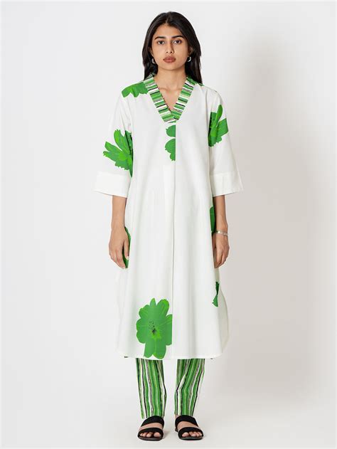 White Green Printed Cotton Modal Dress