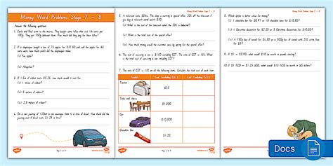 Stage 7-8 (Phase 3) Money Word Problems Worksheet