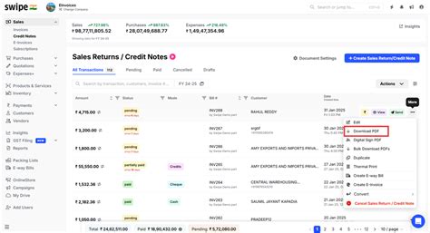 How to download the credit note/sales return PDF in Web? - General - Swipe