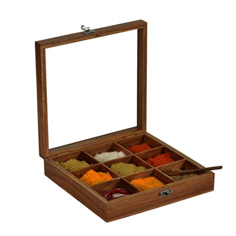 Buy Sheesham Wood Square Spice Box (9 Containers) With Spoon Online ...