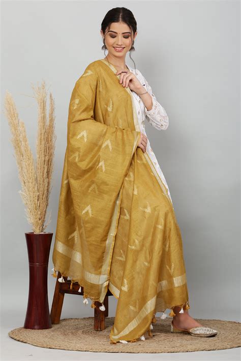 Dupatta-Cotton Ikkat Buta-Light Brown /Mustard Yellow – Bunkraft