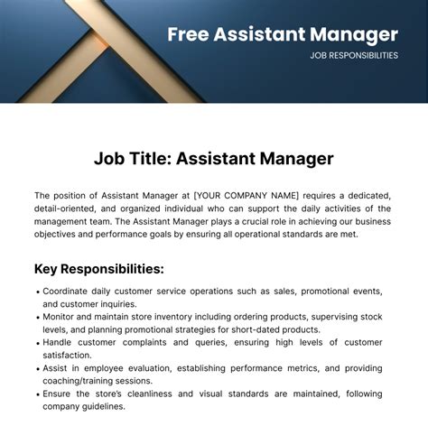 Free Assistant Manager Job Responsibilities Template to Edit Online