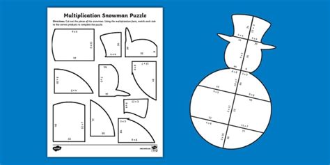 Multiplication Snowman Puzzle for 3rd-5th Grade