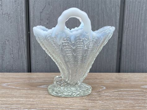 Buy Antique Northwood White Opalescent Glass Handled Cornucopia Horn of ...