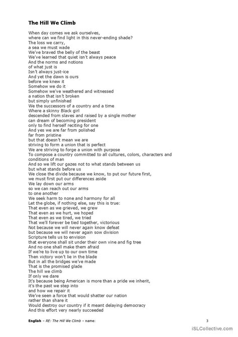 The Hill We Climb (Amanda Gorman): English ESL worksheets pdf & doc