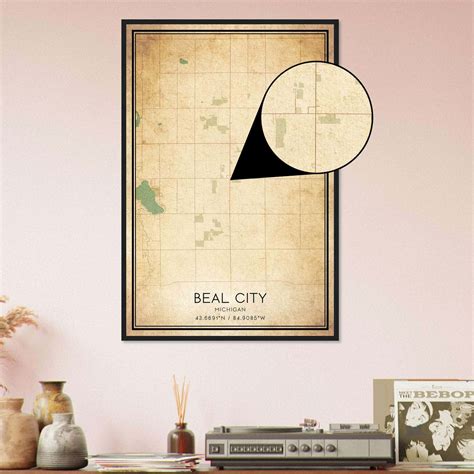 Vintage Beal City Michigan Map Poster, Beal City MI City Road Wall Art ...