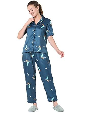Buy Smarty Pants Women's Silk Satin Teal Blue Jasmine Print Pajama Set ...