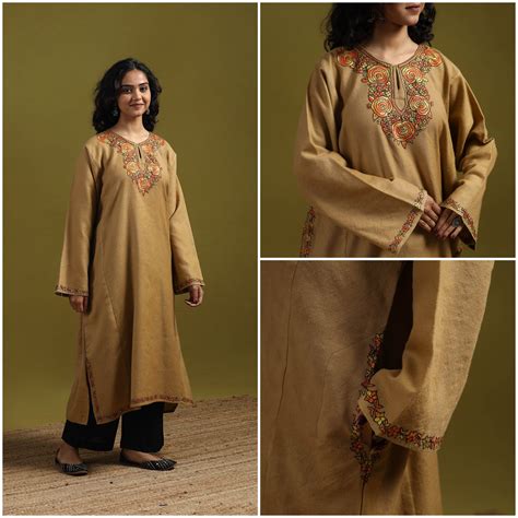 Brown Handwoven Sozni Hand Embroidered Kashmiri Merino Wool Pheran