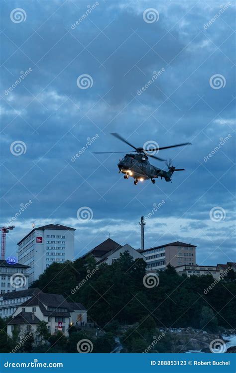 Swiss Military Super Puma Helicopter at the Rhine Falls in Switzerland ...