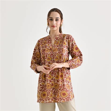 Buy Beige Sanganeri Printed Cotton Tunic with Pintuck Detail | Rustorange