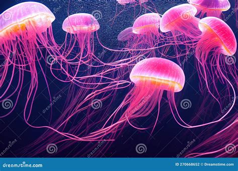 Smack Of Purple Fluorescent Jellyfish Floating In Aquarium Depth ...