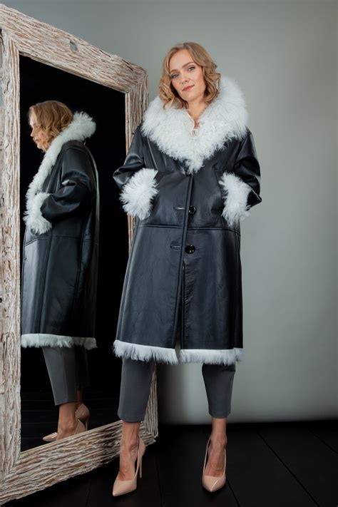 White Fur-Lined & Black Leather Sheepskin Coat | Handmade by NordFur