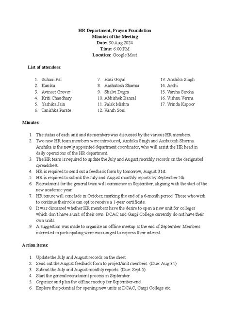 Minutes of the Meeting (HR Dept, 30 Aug) - HR Department, Prayan ...