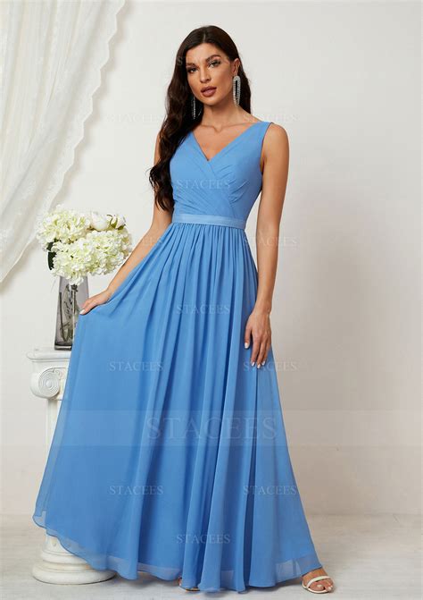 A-line V Neck Chiffon Long/Floor-Length Bridesmaid Dress With Pleated ...