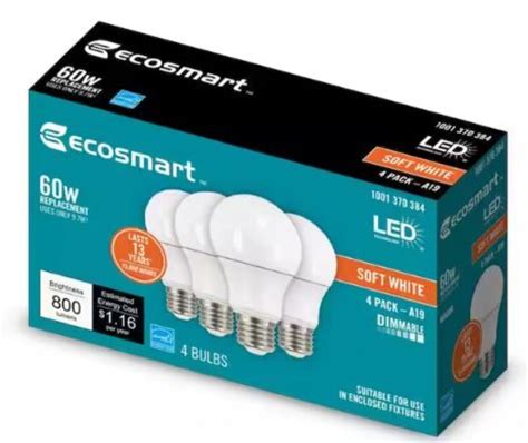 EcoSmart LED Light Bulb, 60W Equivalent, 800 Lumens, Dimmable, E26 Base ...