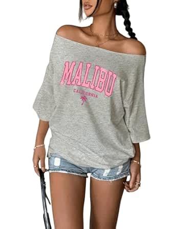 Buy SXV STYLE Women's Letter Printed Off Shoulder Casual Versatile T ...