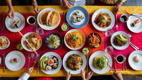A vibrant table spread featuring a diverse range of global cuisines ...