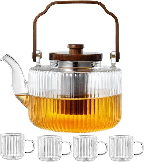 Amazon.com | Glass Teapot Set with 4 Small Ribbed Tea Cup, Clear Tea ...