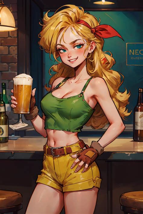 A woman in a green top holding a beer in her hand - SeaArt AI