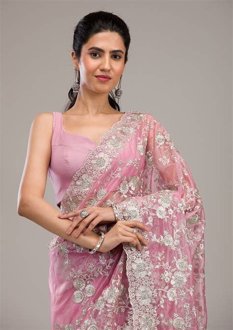 Buy Baby Pink Zariwork Tissue Saree - Koskii