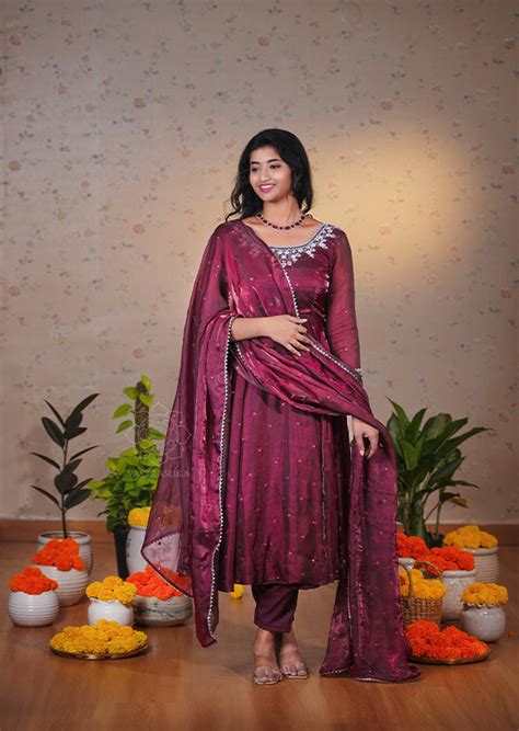Shine Wine Space Silk Anarkali Set – Vastrasuka